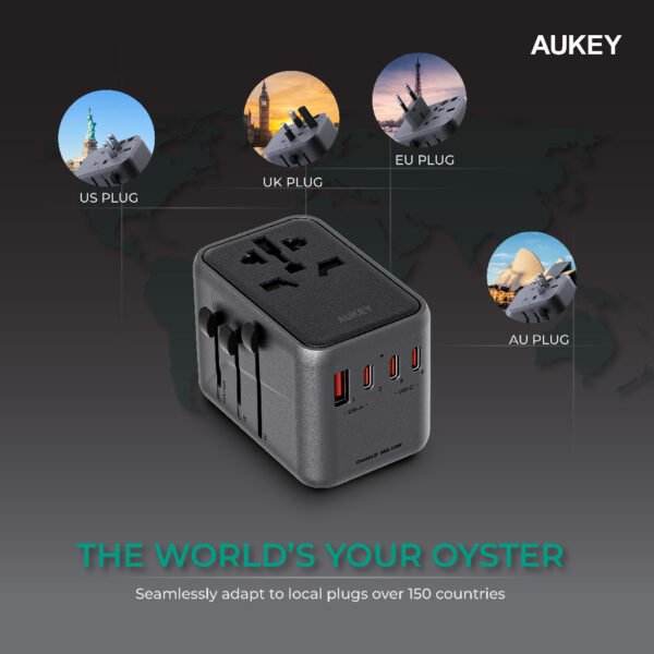 AUKEY PA-TA08 UNIVERSAL TRAVEL ADAPTER WITH USB-C AND USB-A PORTS ( 4-PORT | PD | PPS | TRAVEL ADAPTER | GAN III | 65W) - BLACK