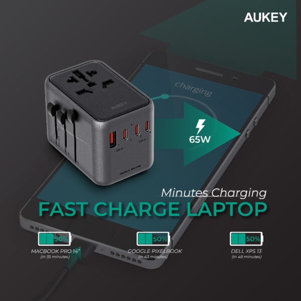 AUKEY PA-TA08 UNIVERSAL TRAVEL ADAPTER WITH USB-C AND USB-A PORTS ( 4-PORT | PD | PPS | TRAVEL ADAPTER | GAN III | 65W) - BLACK