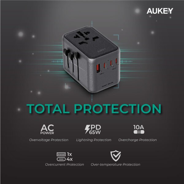 AUKEY PA-TA08 UNIVERSAL TRAVEL ADAPTER WITH USB-C AND USB-A PORTS ( 4-PORT | PD | PPS | TRAVEL ADAPTER | GAN III | 65W) - BLACK